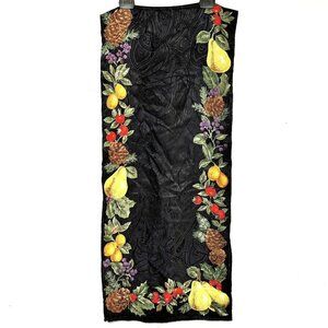 Vintage Luxury Fashion Silk Scarf Black Harvest‎ Fruit Motif Holiday Wrap